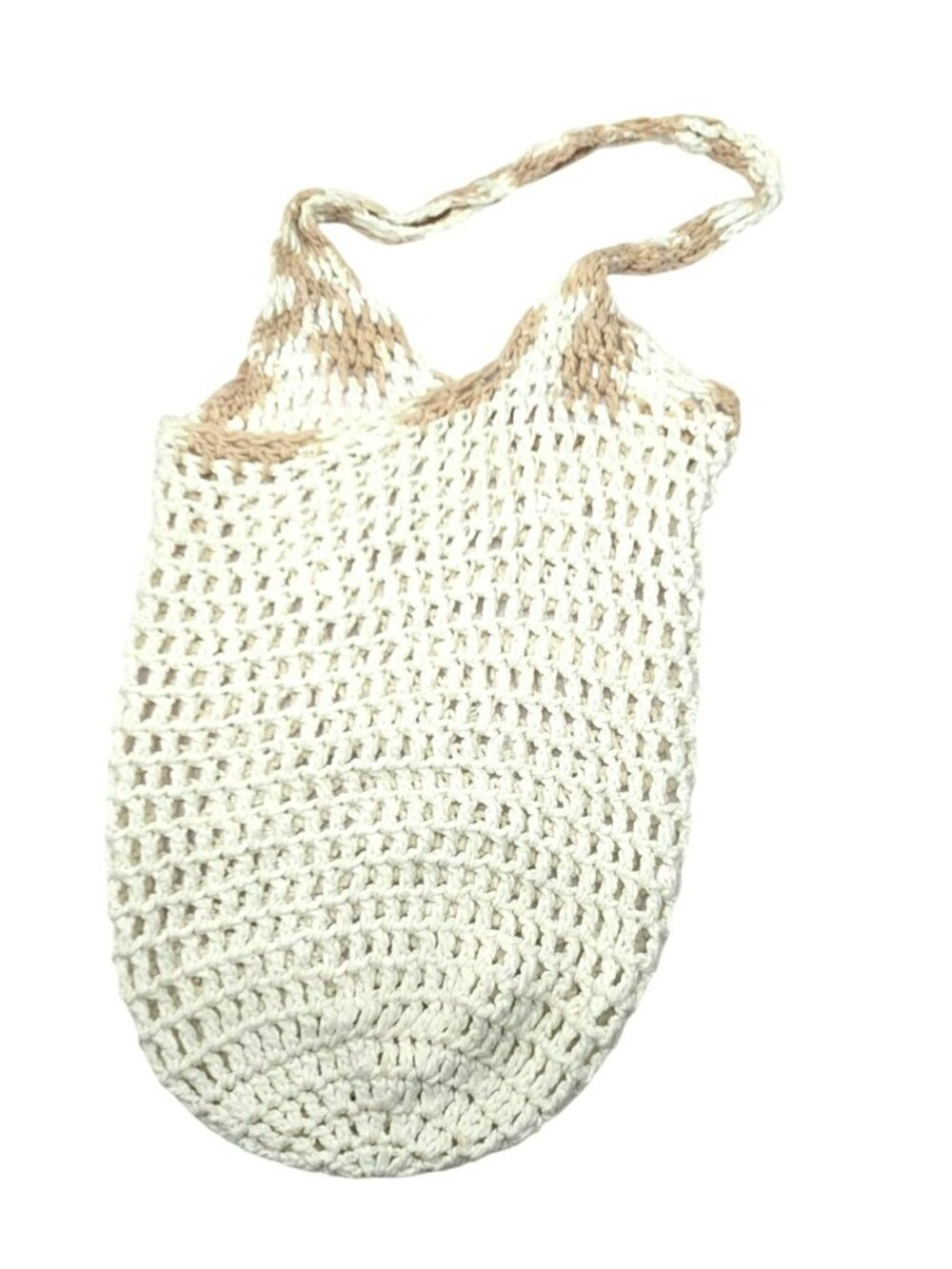 Handmade Crochet Cotton Mesh Tote Bag With Neutral Beige & White Straps JJ4378